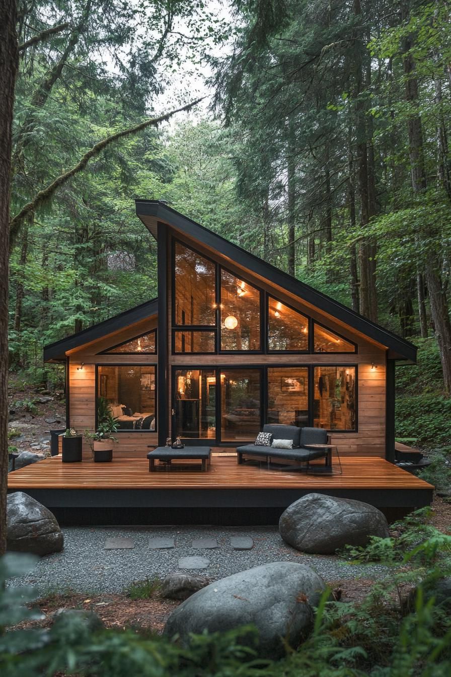 A-frame cabin with large glass windows in a forest setting