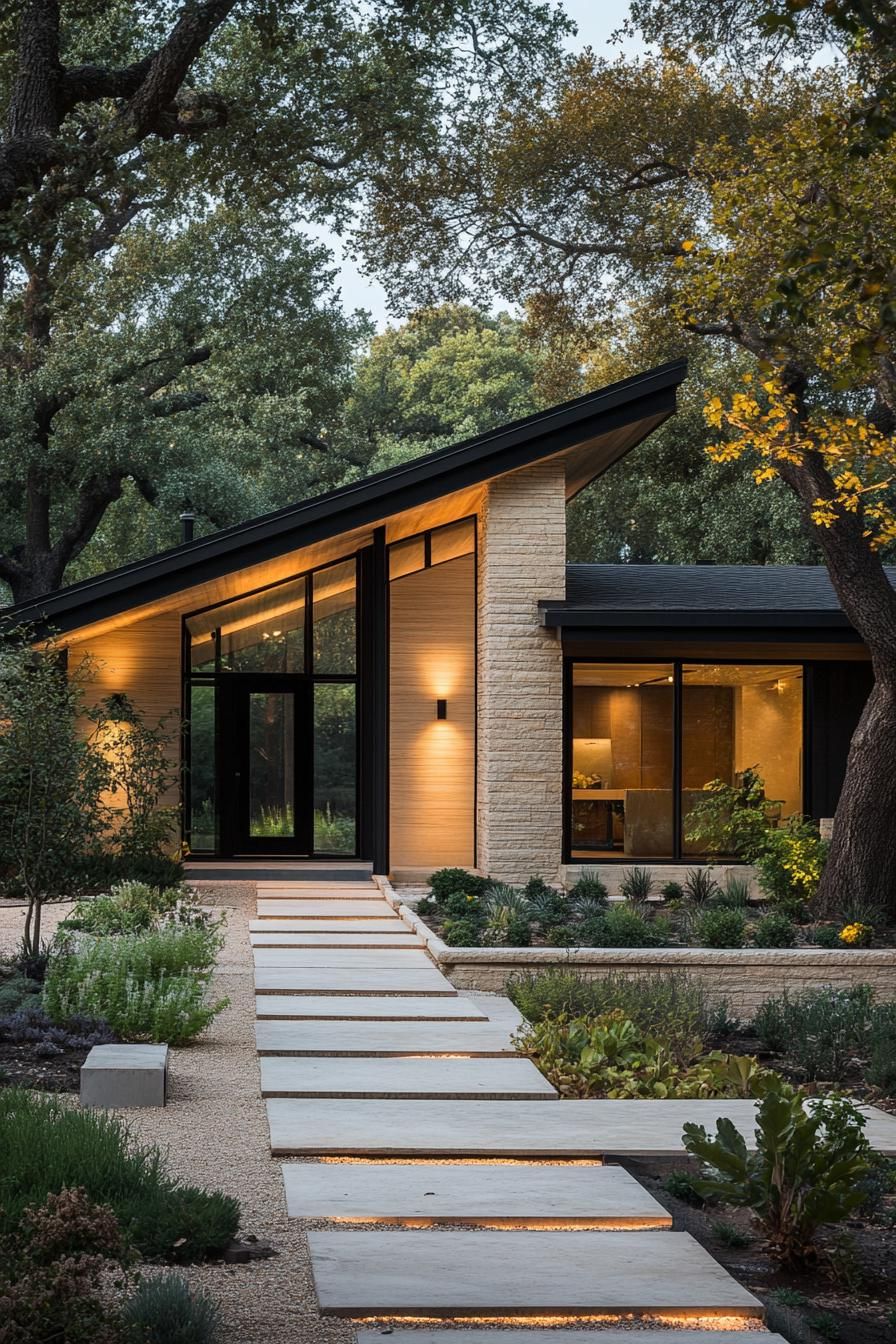 Modern bungalow with slanted roof surrounded by greenery