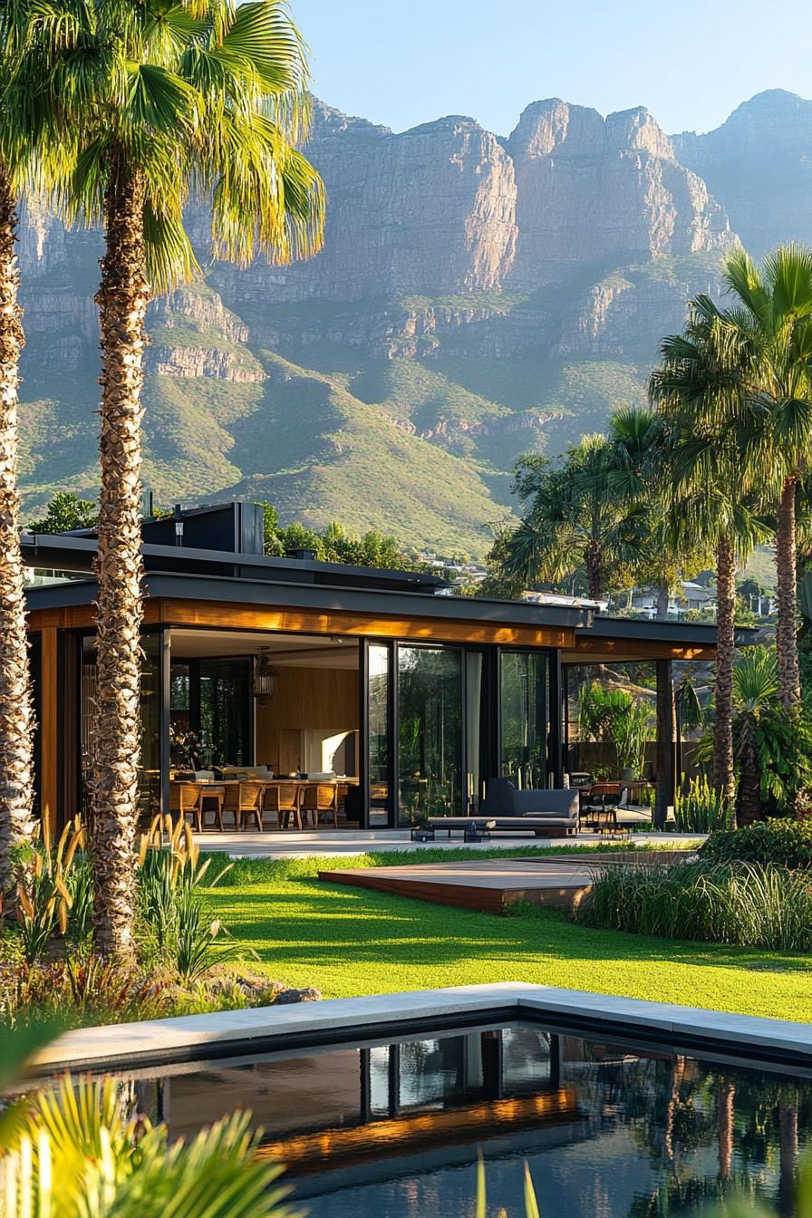 Contemporary home with glass walls and patio amidst palm trees