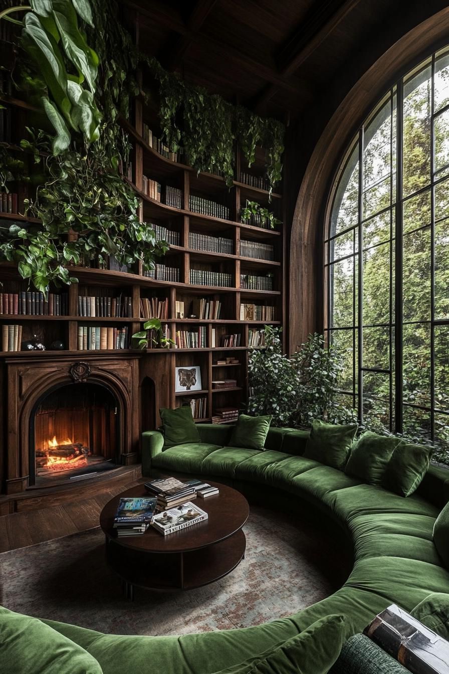 Charming rustic living room with green velvet couch and fireplace