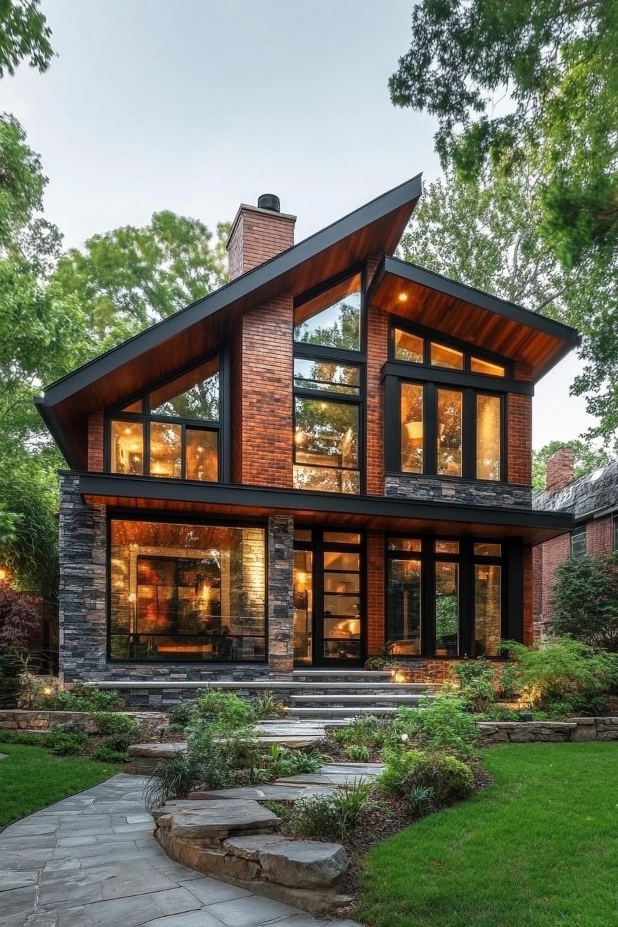 Modern brick house with large windows and a lush garden