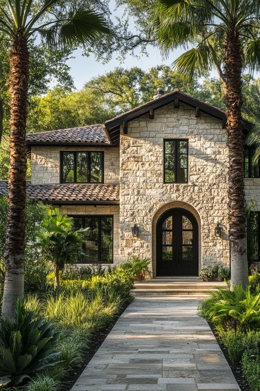 modern european cottage with stone foundations and first floor stone siding arched first floor windows and doorway second floor stucco siding and 1