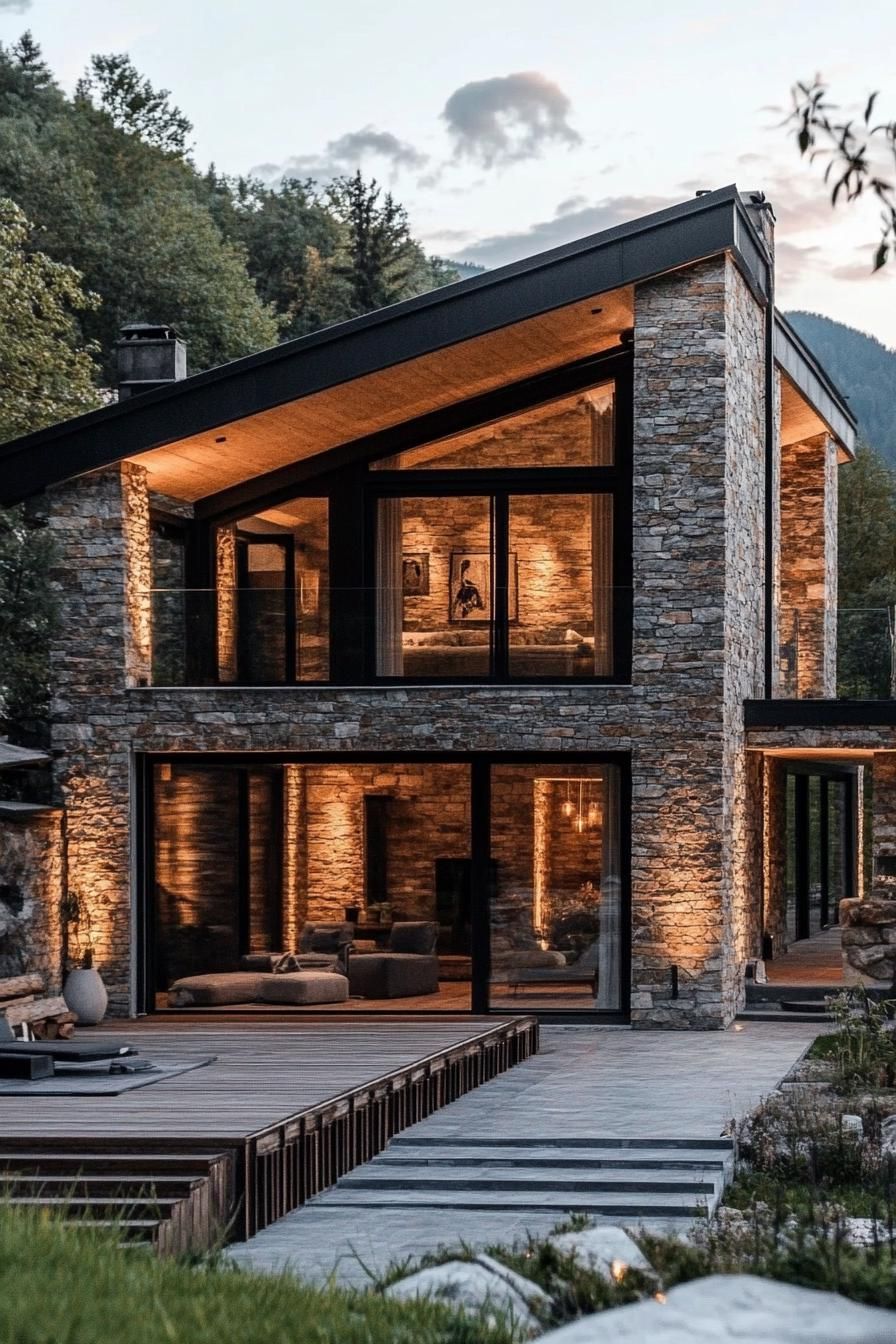 mountain village modern house with stone facade modern windows large porch overlooking mountain village 1