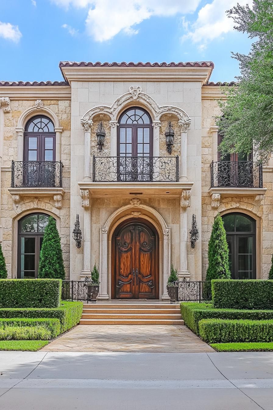 Elegant stone facade with wrought iron details