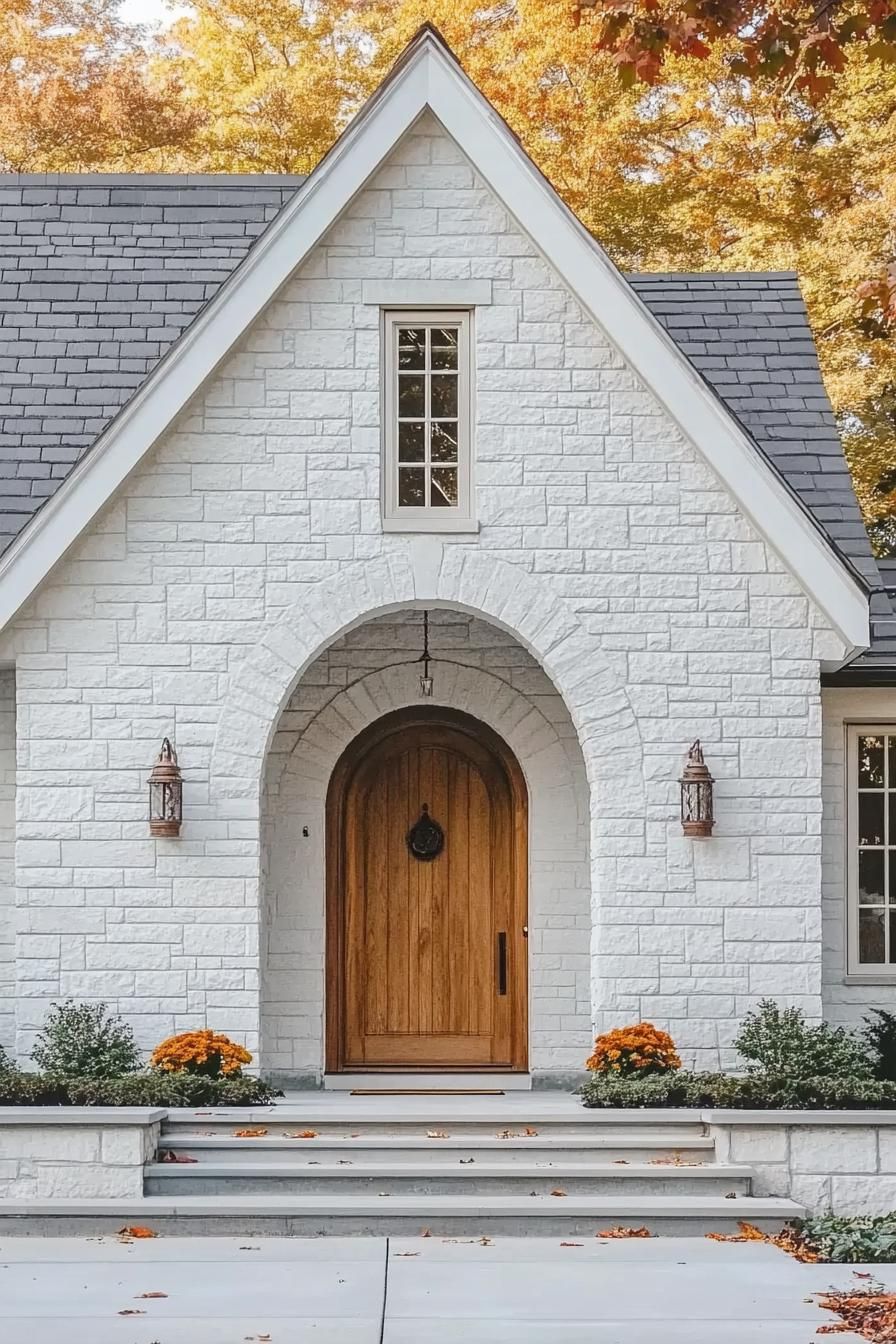 Stone house with arched doorway and autumn accents