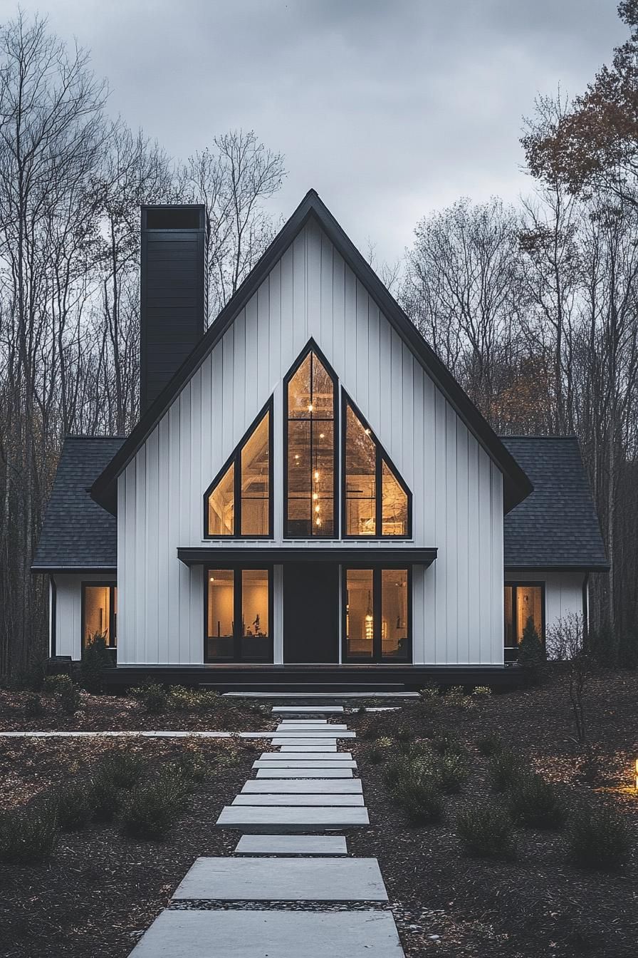 Modern barn house with large windows and pitched roof