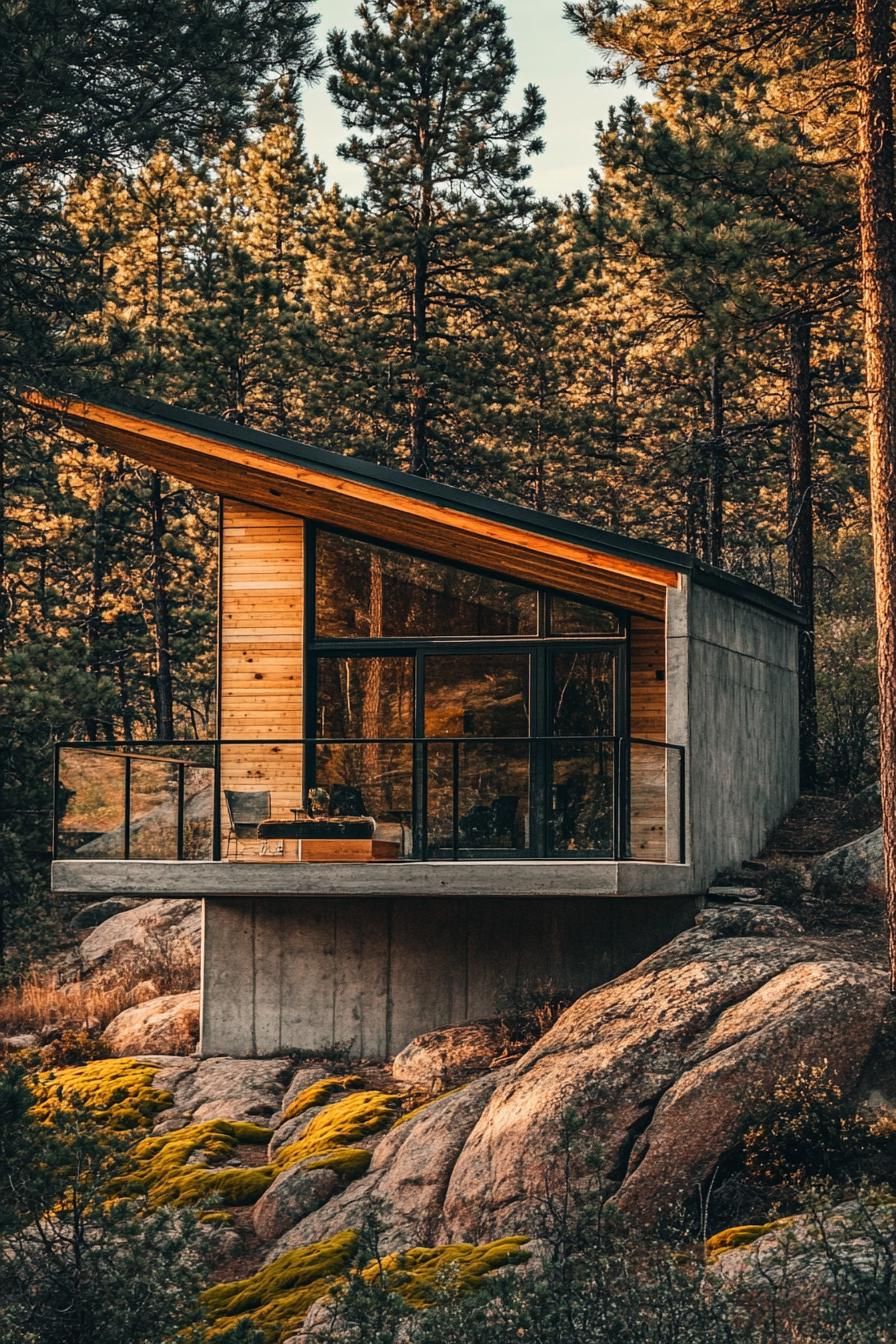 Modern cabin on a rocky, forested hillside