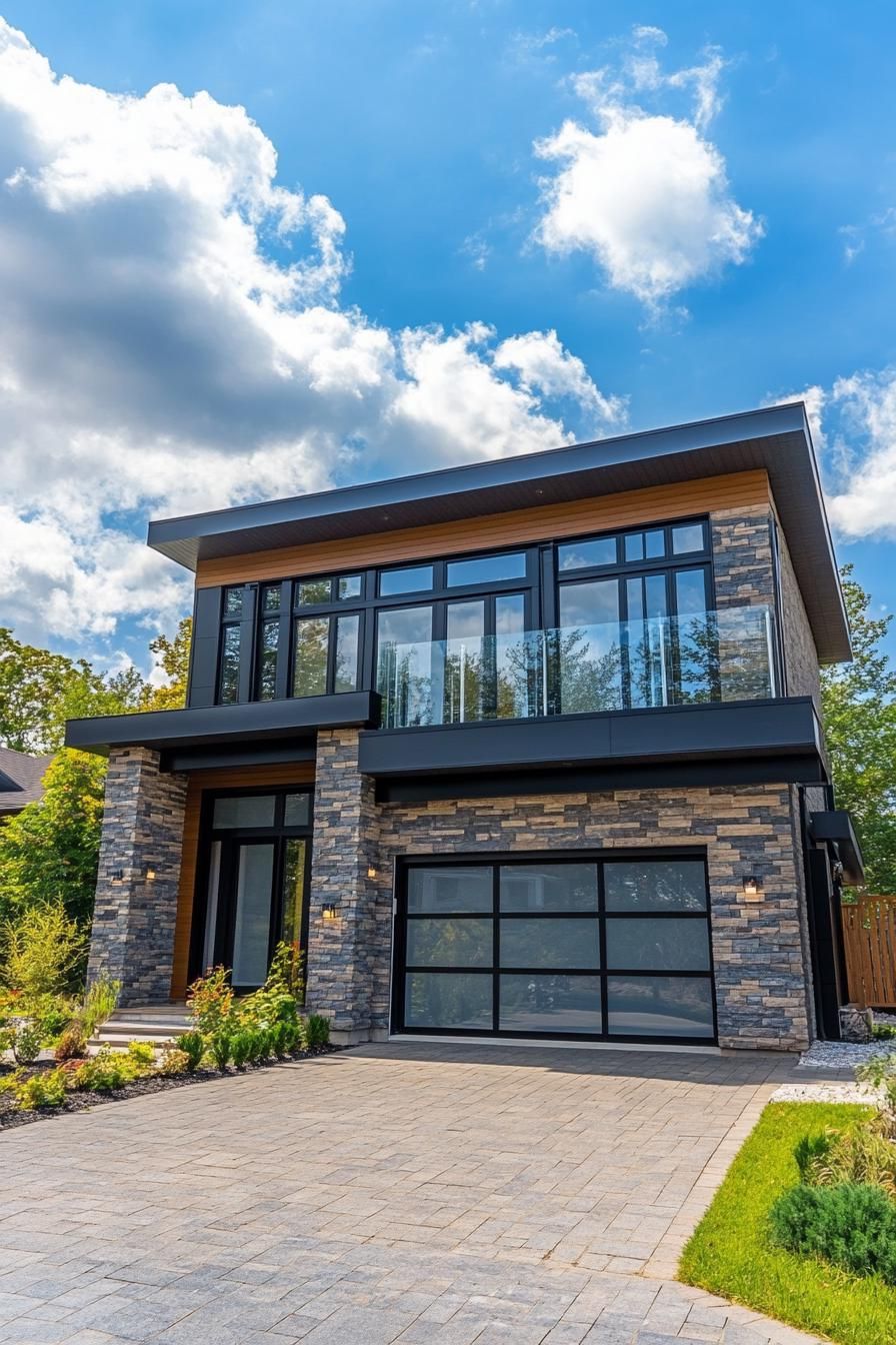 Two-Story Modern House with Stone and Glass Facade