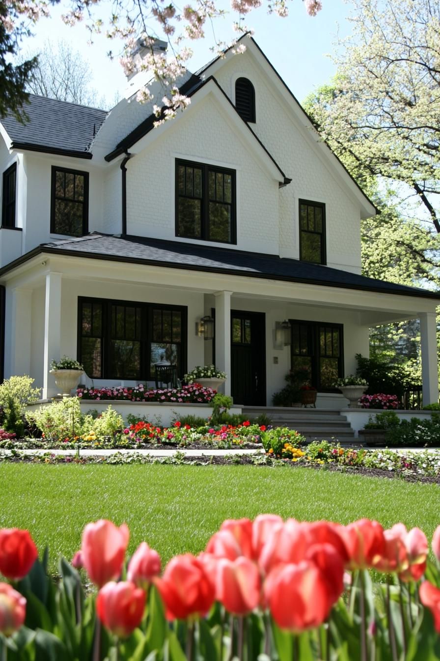 modern cottage house with white stucco siding black modern windows front yard garden with blossoming flowers 3