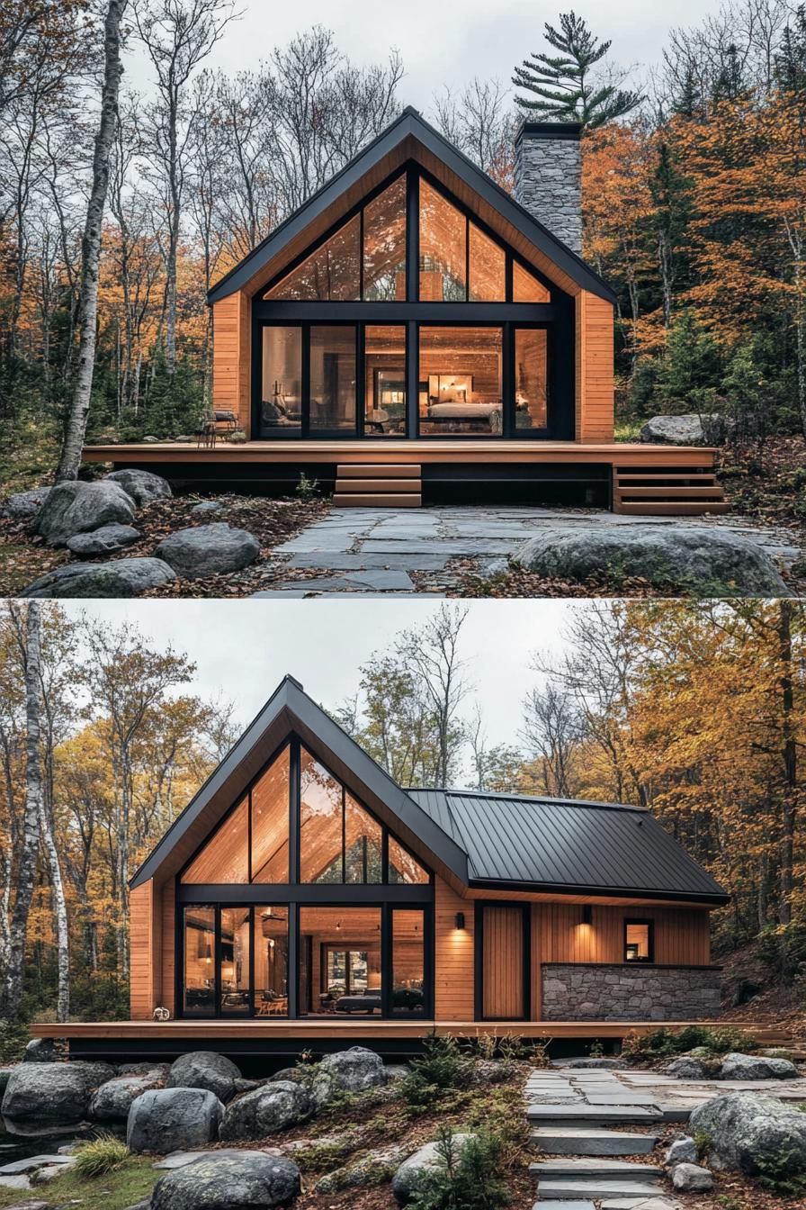 Modern cabin with large glass front in a forest setting