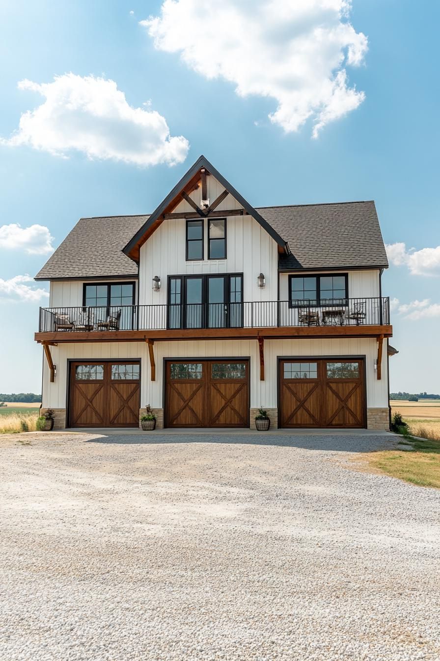 large b lue shouse barndominium with modern windows balcony large porch garage doors gravel driveway and yard farmland fields in the background 1