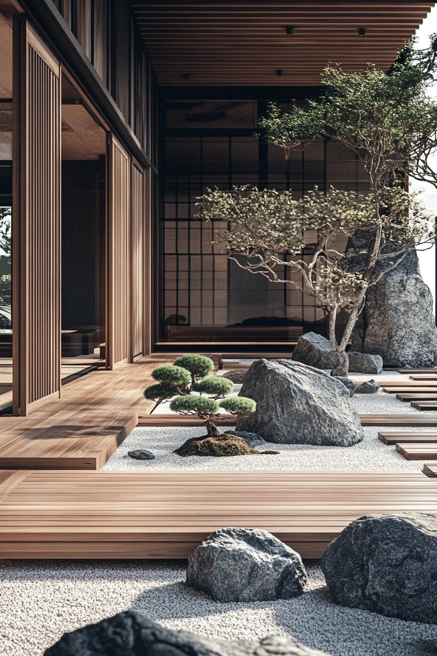 Zen garden with wooden elements and rocks