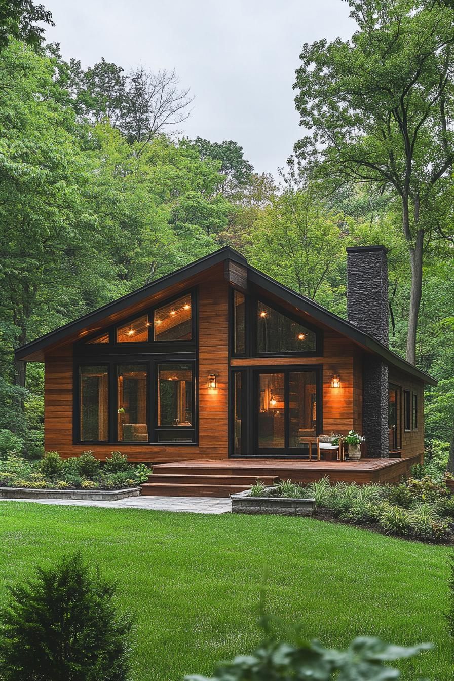 Modern cabin with a wooden deck surrounded by lush greenery