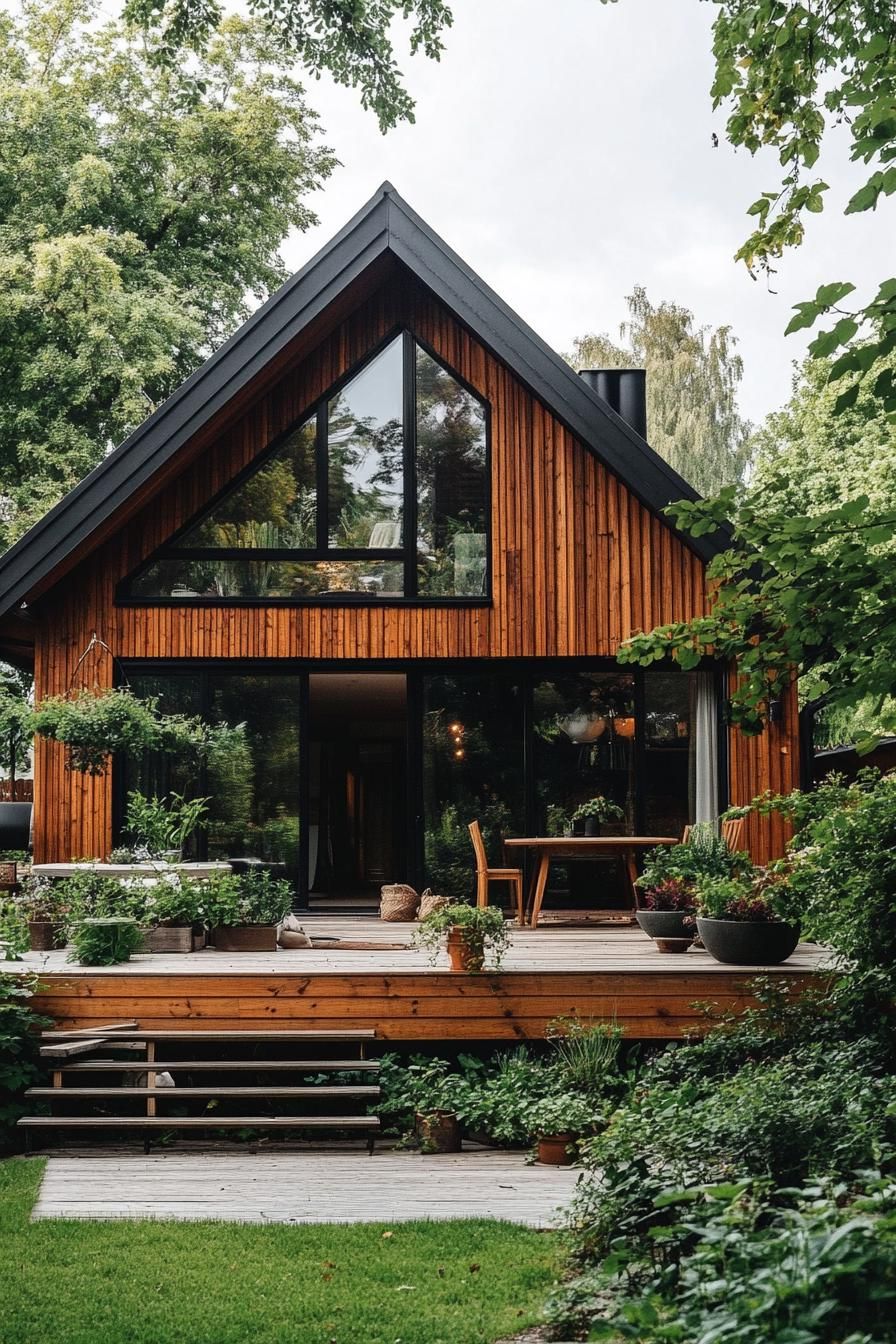 village cottage house with wooden siding gabled roof modern windows large wooden deck and a garden terrace below lush greenery wooden steps