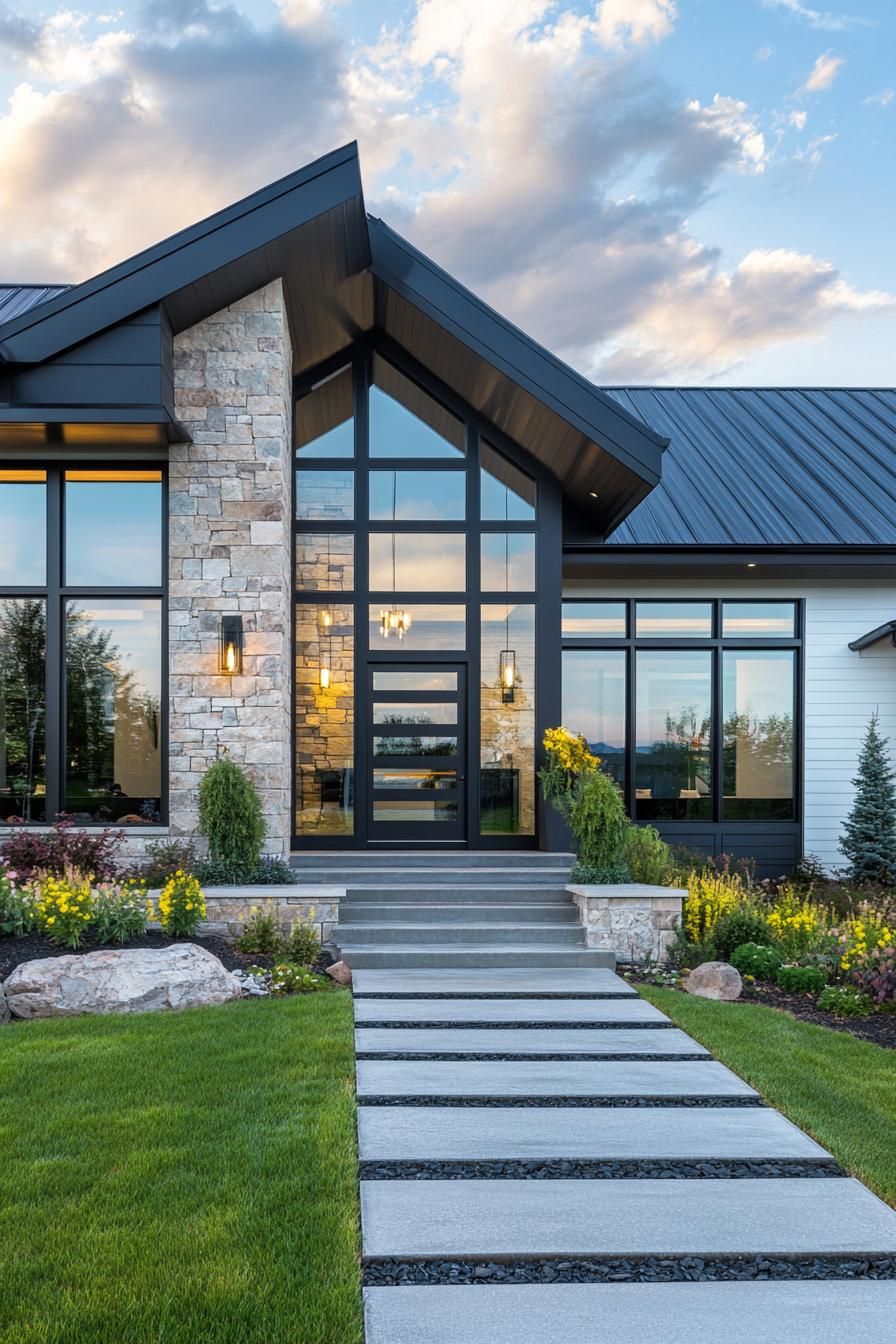 Modern house with large windows and stone façade