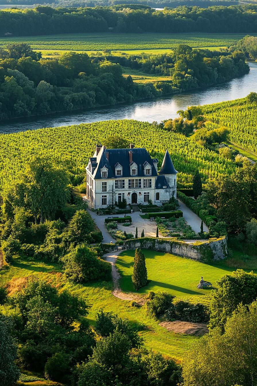 majestic French manor with gardens in green fields by a river aerial view