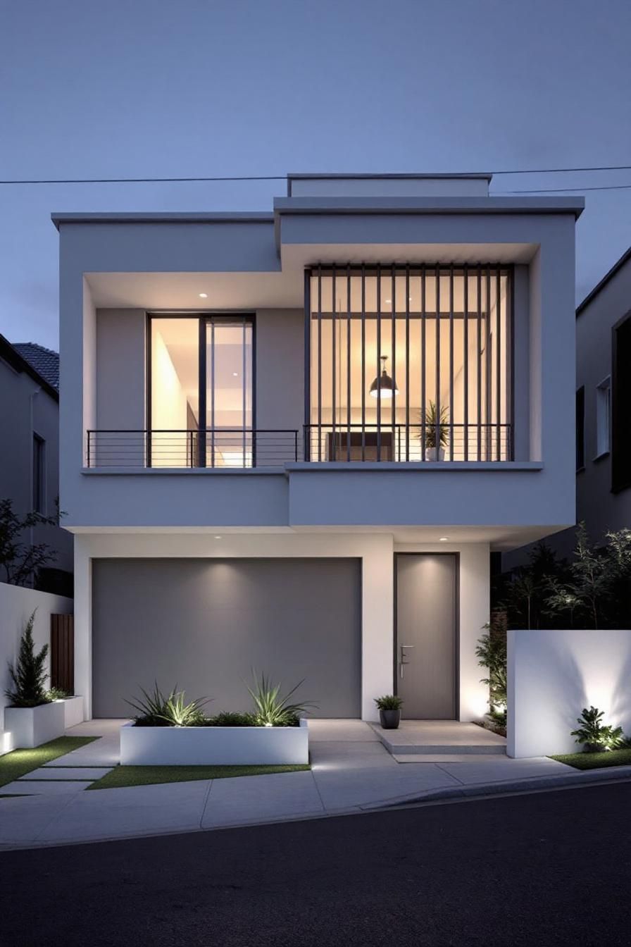 Sleek townhome exterior at dusk