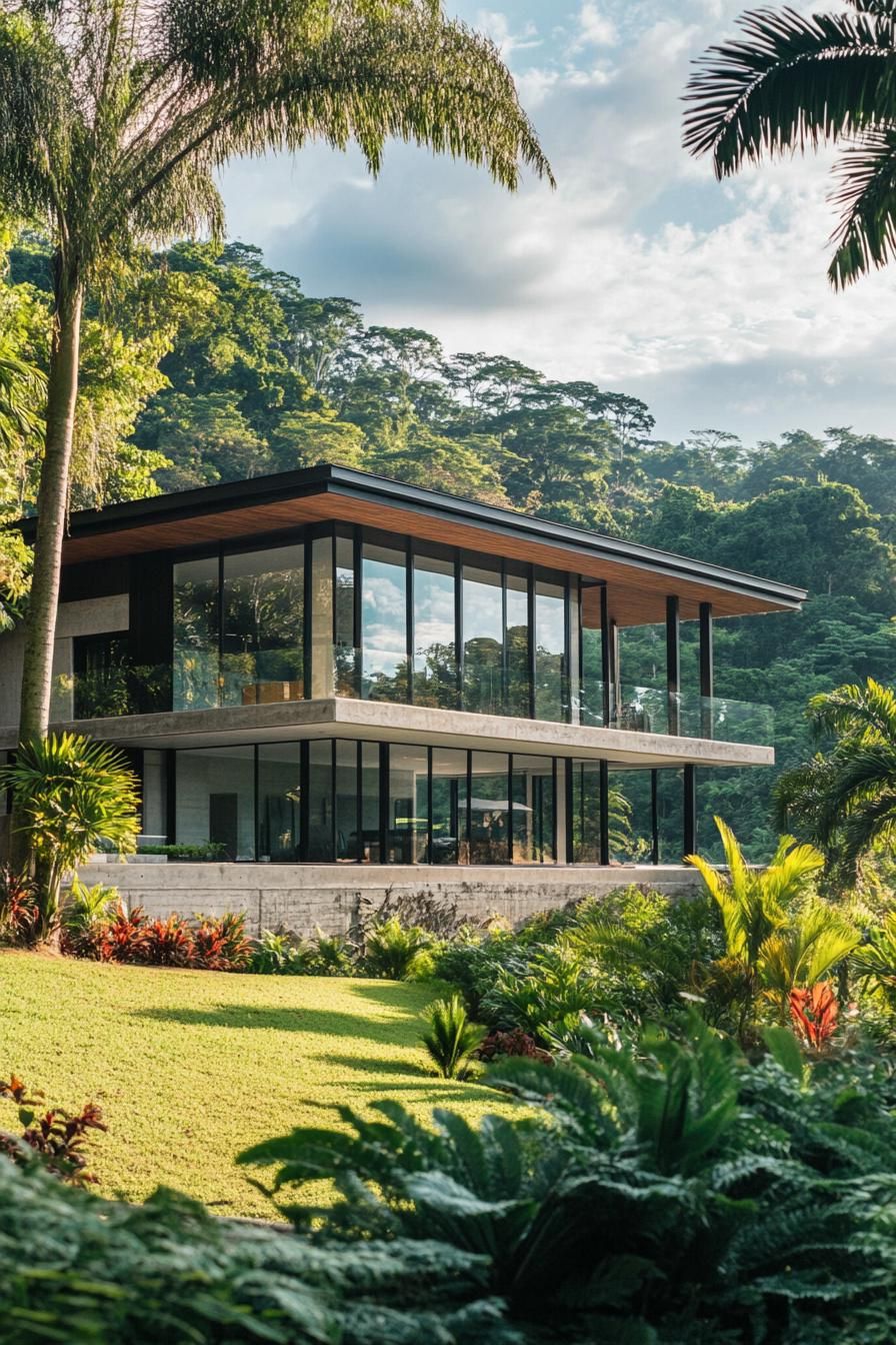 Modern villa with glass walls in a lush tropical setting