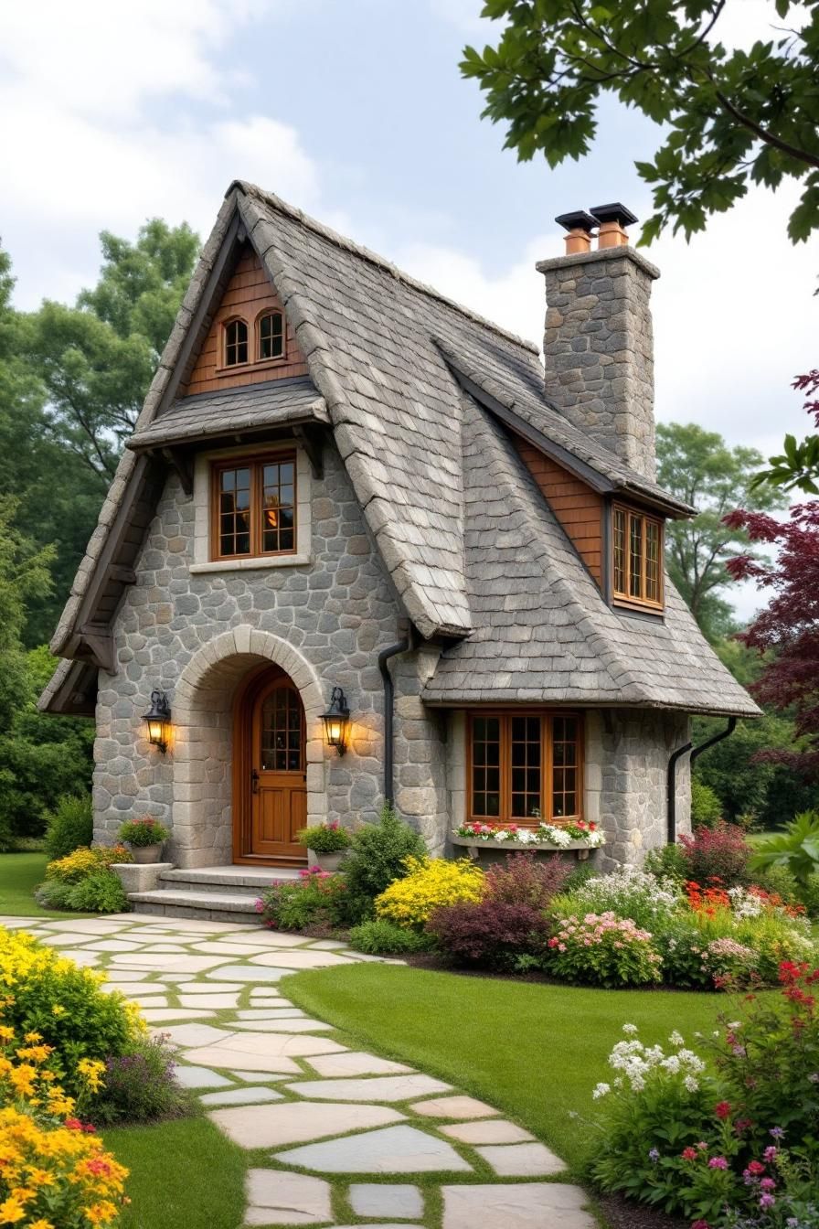 Charming stone cottage with arched door and sloped roof