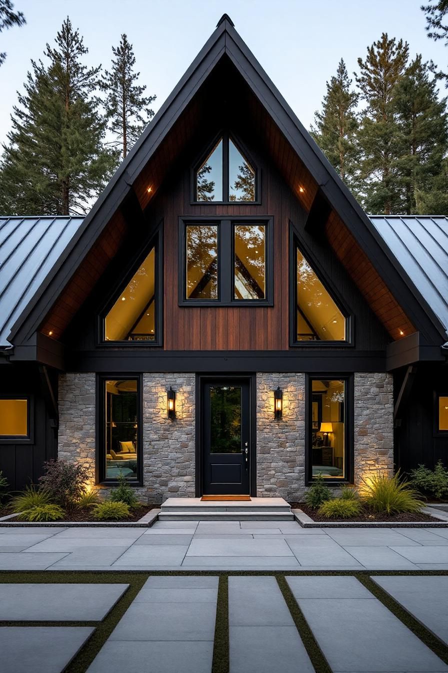 Dark house with stone accents and a steep gabled roof