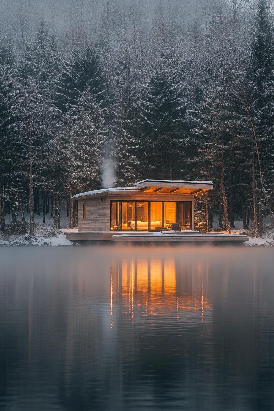 modern lakeside cabin in winter sunset mist above the lake with a golden glow from the sunset surrounding trees covered in white snow 1