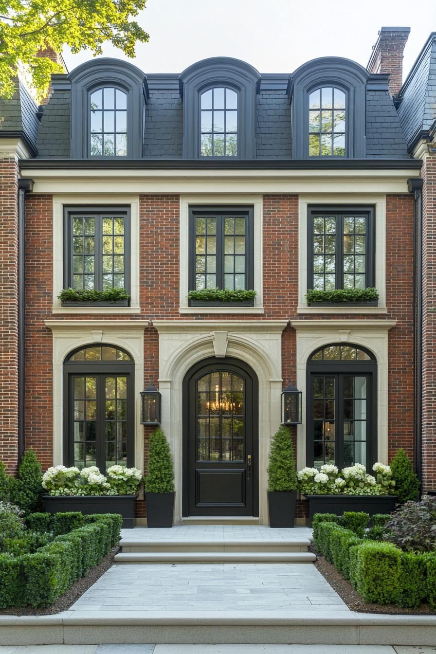 Elegant townhouse exterior with brickwork and lush greenery