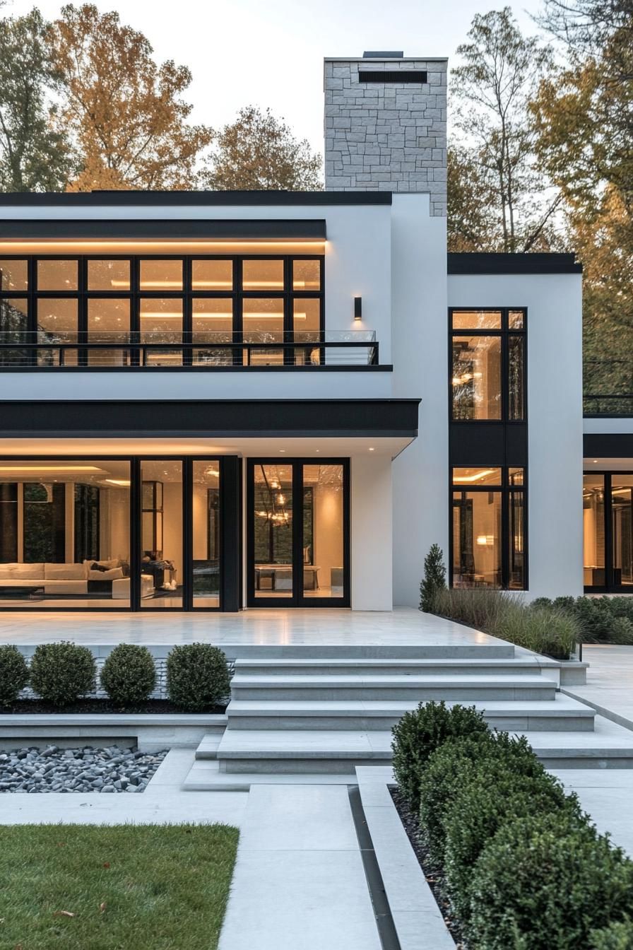 modern villa design with white facade and black trim accent stone mosaic chimney large modern windows with black trim glass front doors balconies 1