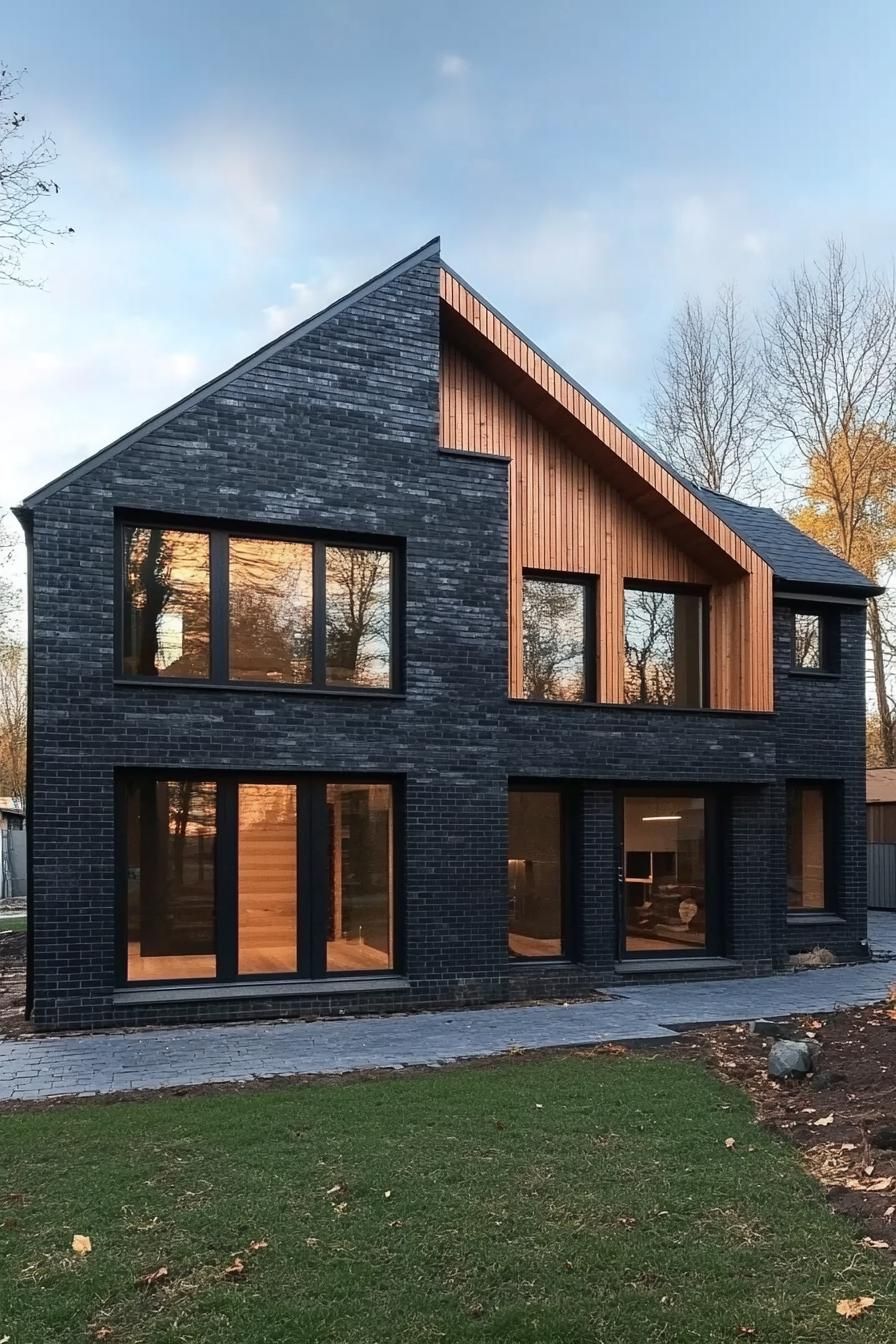 Dark-bricked A-frame house with large windows