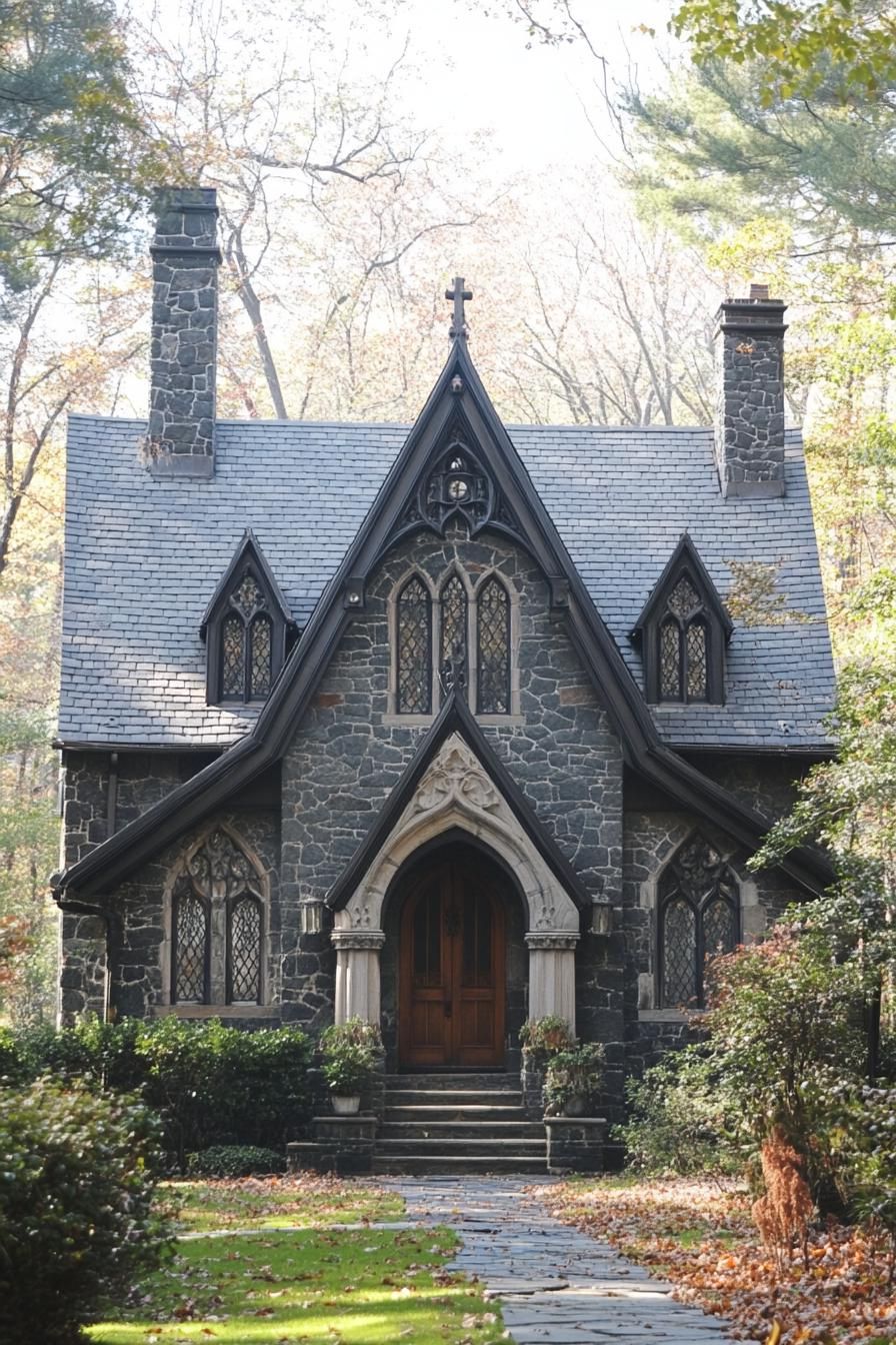 Charming stone cottage with arched doorway and intricate windows