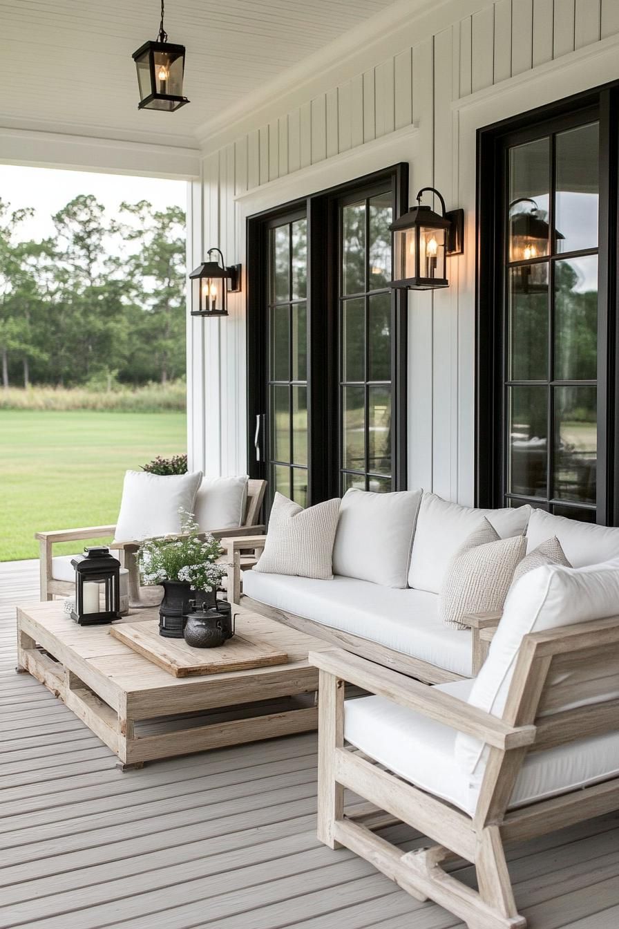 Cozy porch with white cushions and rustic decor