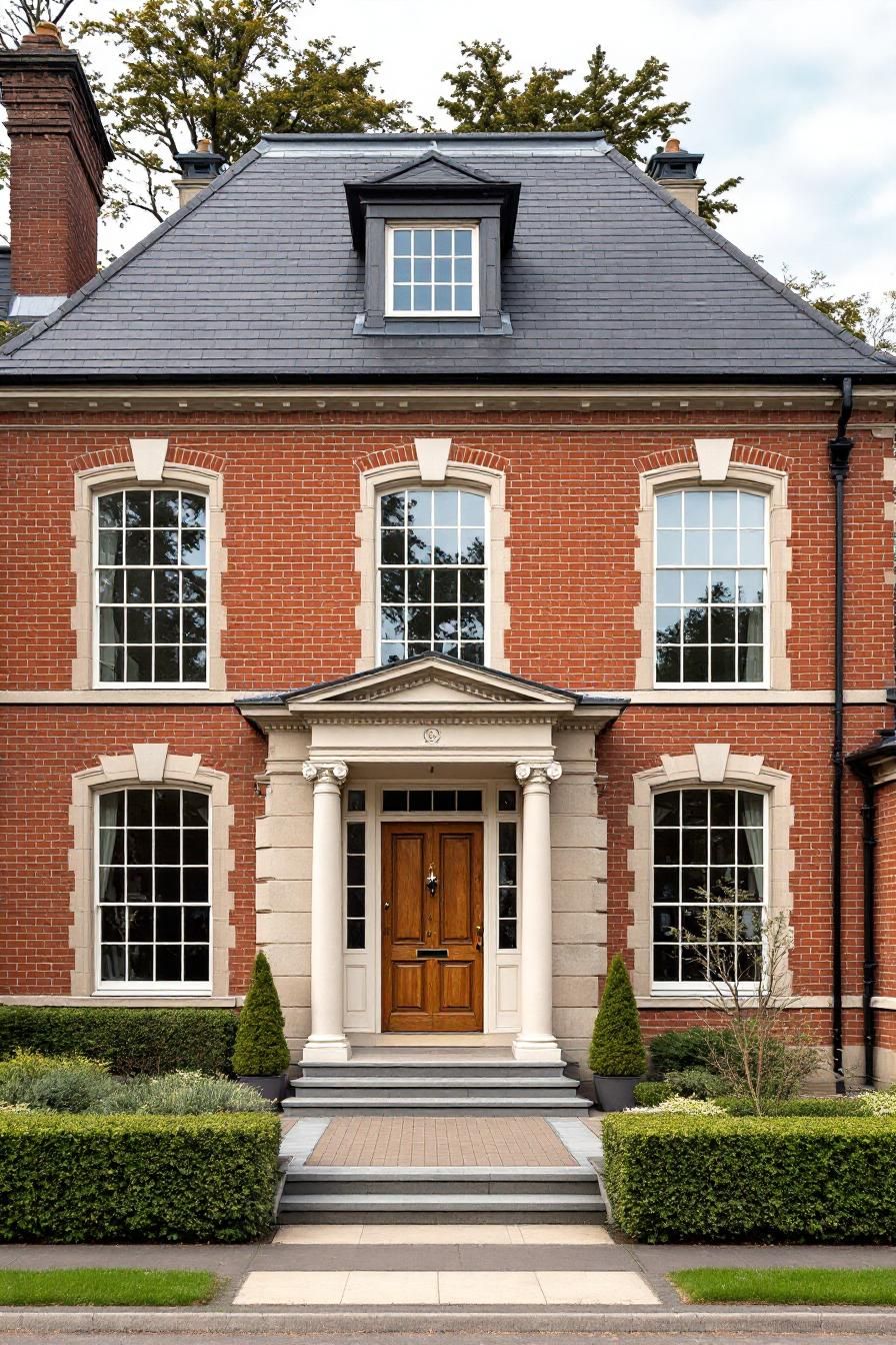 Elegant Georgian-style house with red brick facade and arched windows