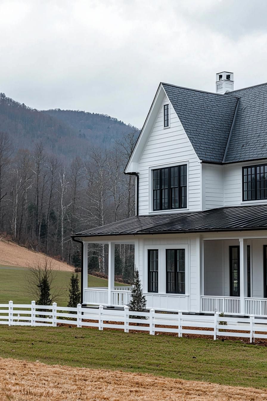 White farm mansion with black windows and lush backdrop