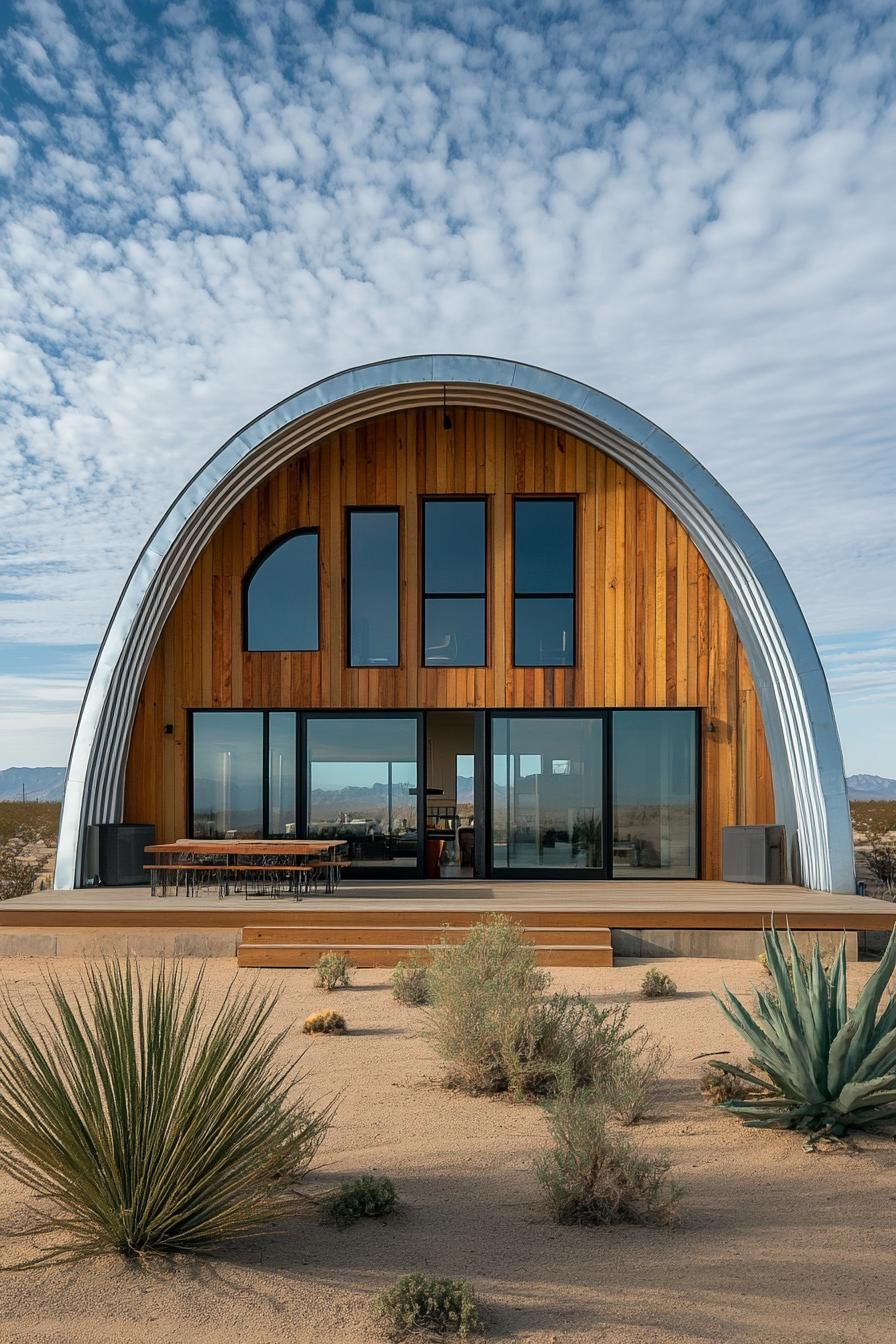 Quonset hut with wood facade and desert view