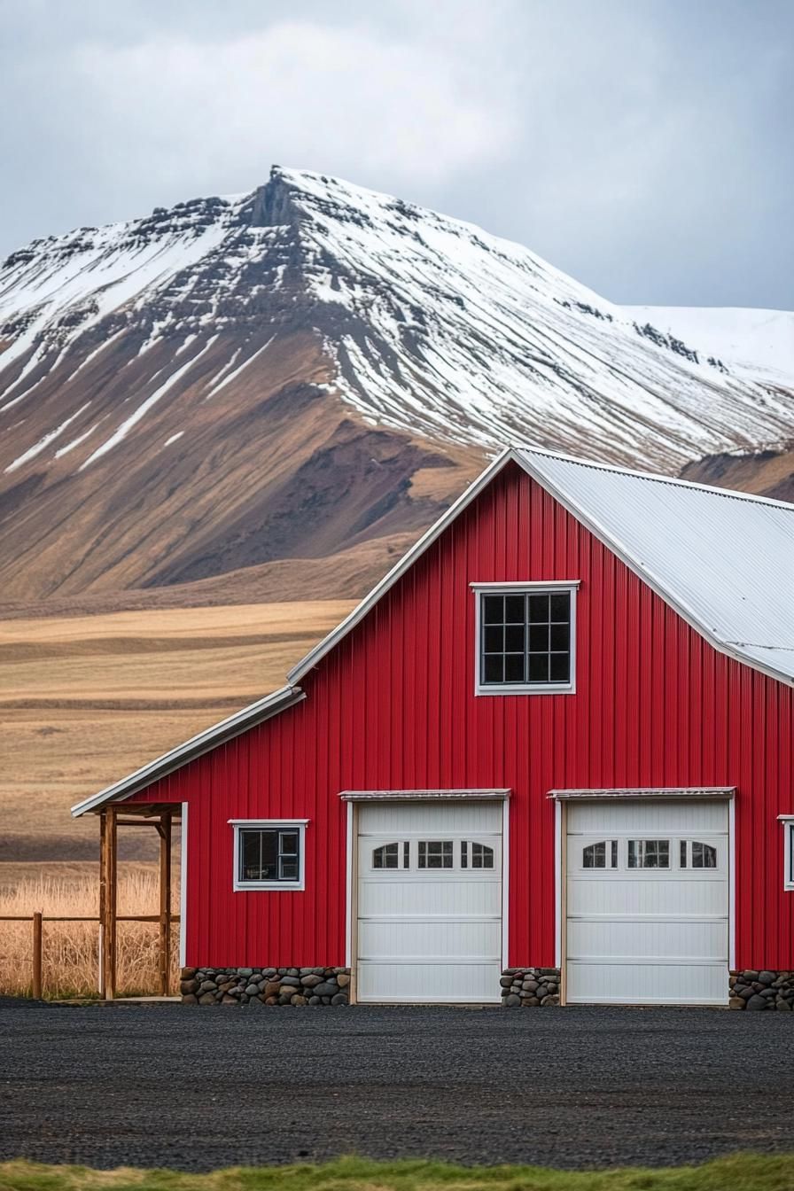 large red metal shouse barndominium with white barn roof large garage doors porch with small roof and wooden beam posts on brick foundations scenic 3