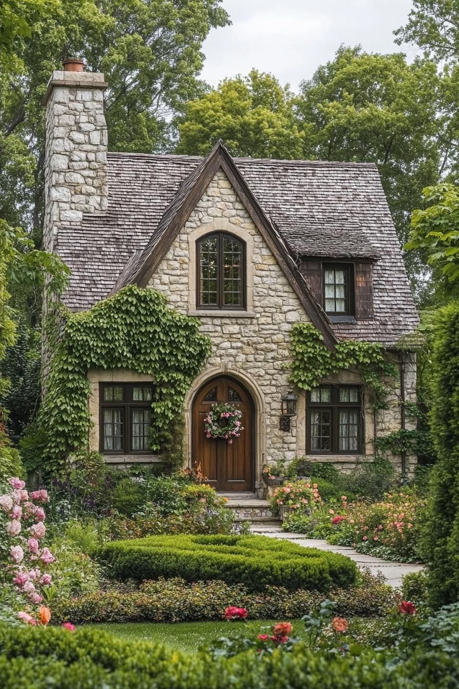 Charming stone cottage with ivy and lush garden