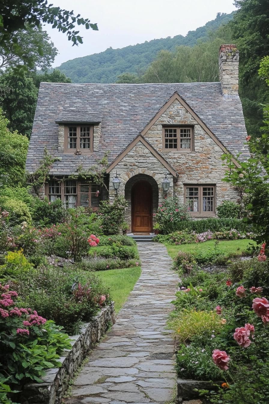 Stone cottage with vibrant garden and mountains