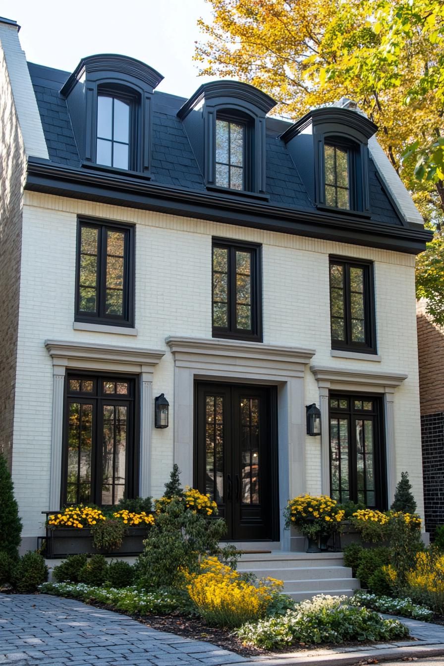 Elegant townhouse with black-framed windows and garden