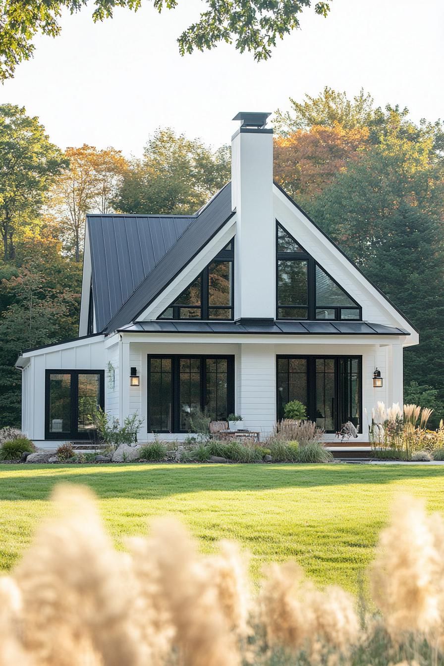 modern white house with black gabled roof andchimney large a frame front window large porch front yard landscaping with lawn and ornamental 1