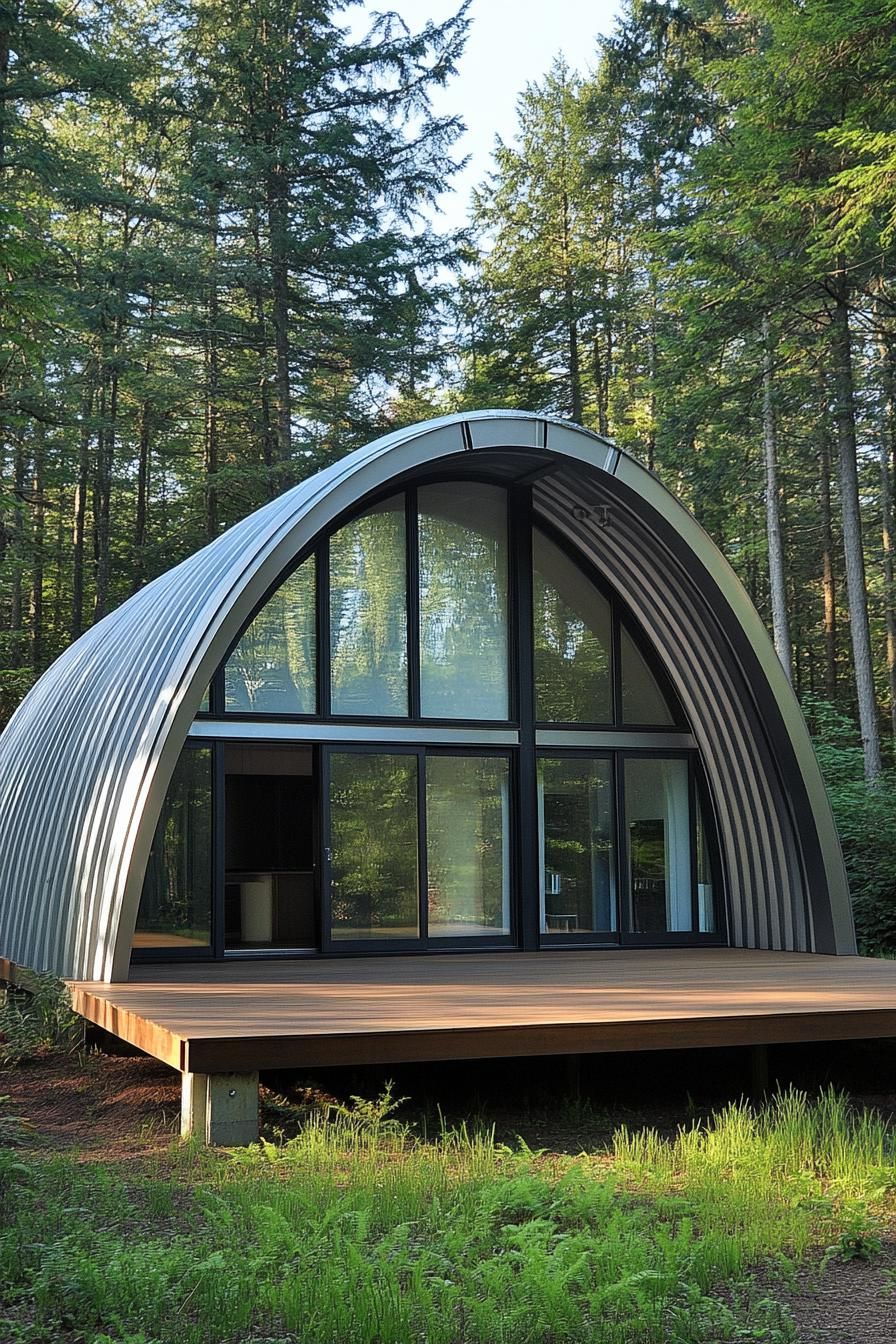 Compact metal Quonset hut in forest setting