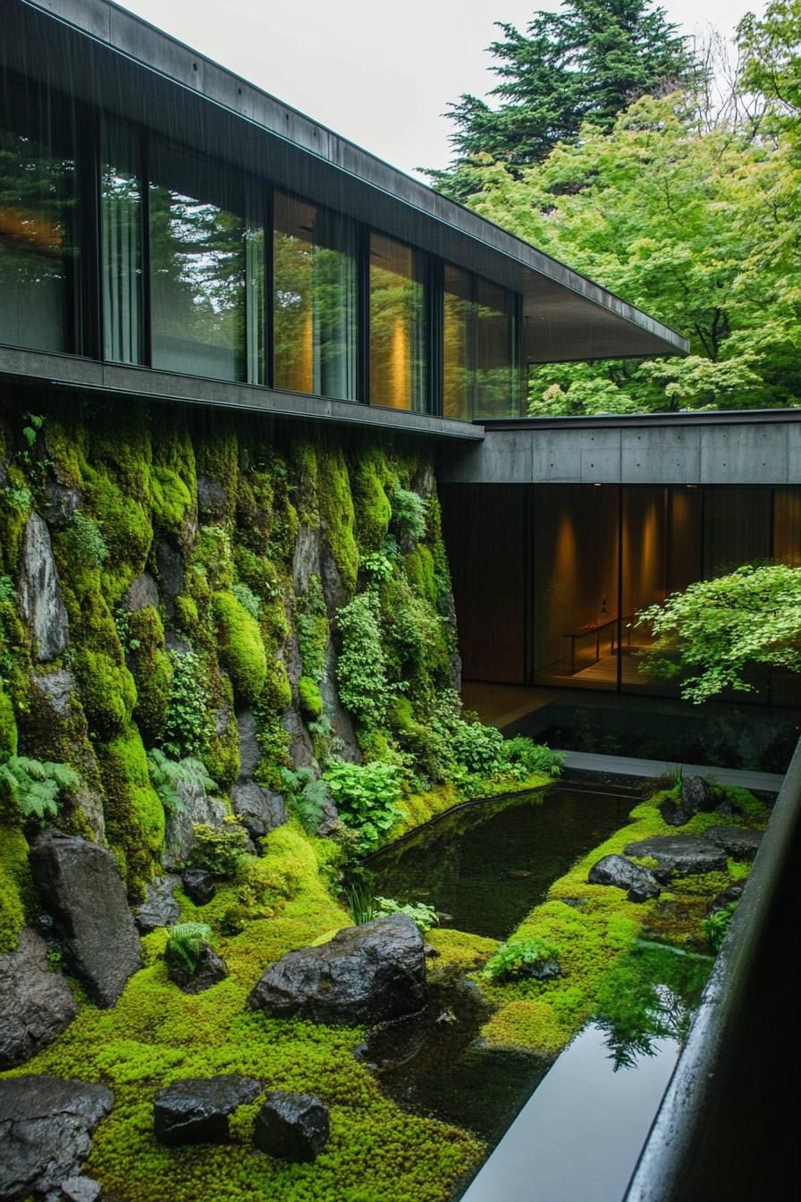 Modern Japanese house with a moss-covered courtyard