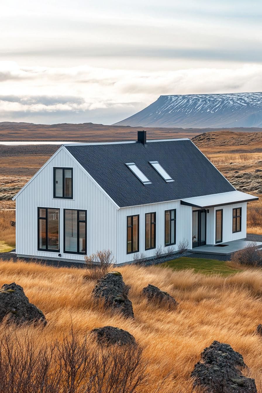 White modern house amidst a scenic landscape