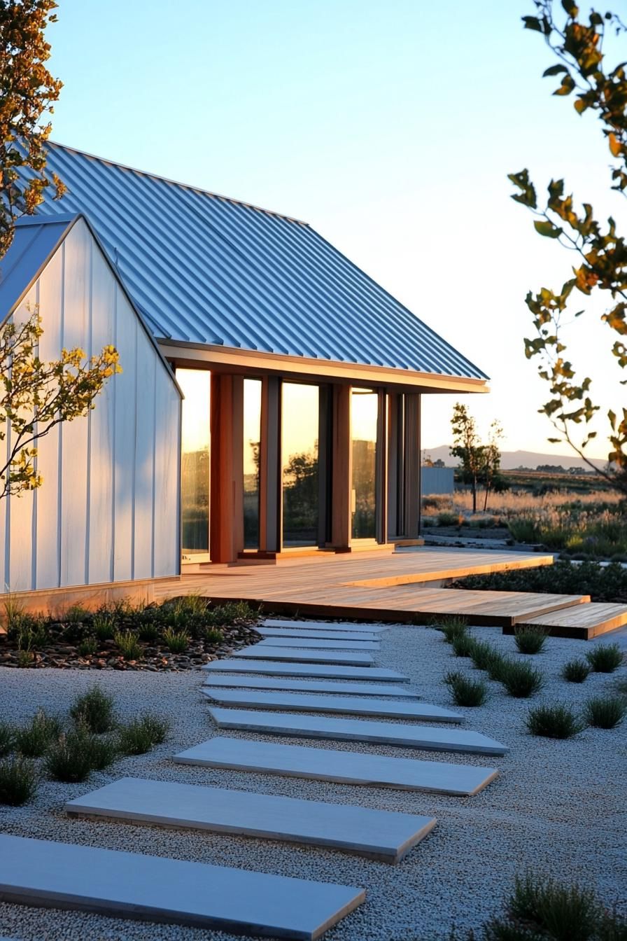 Ranch house with sunlit wooden deck and metal roof