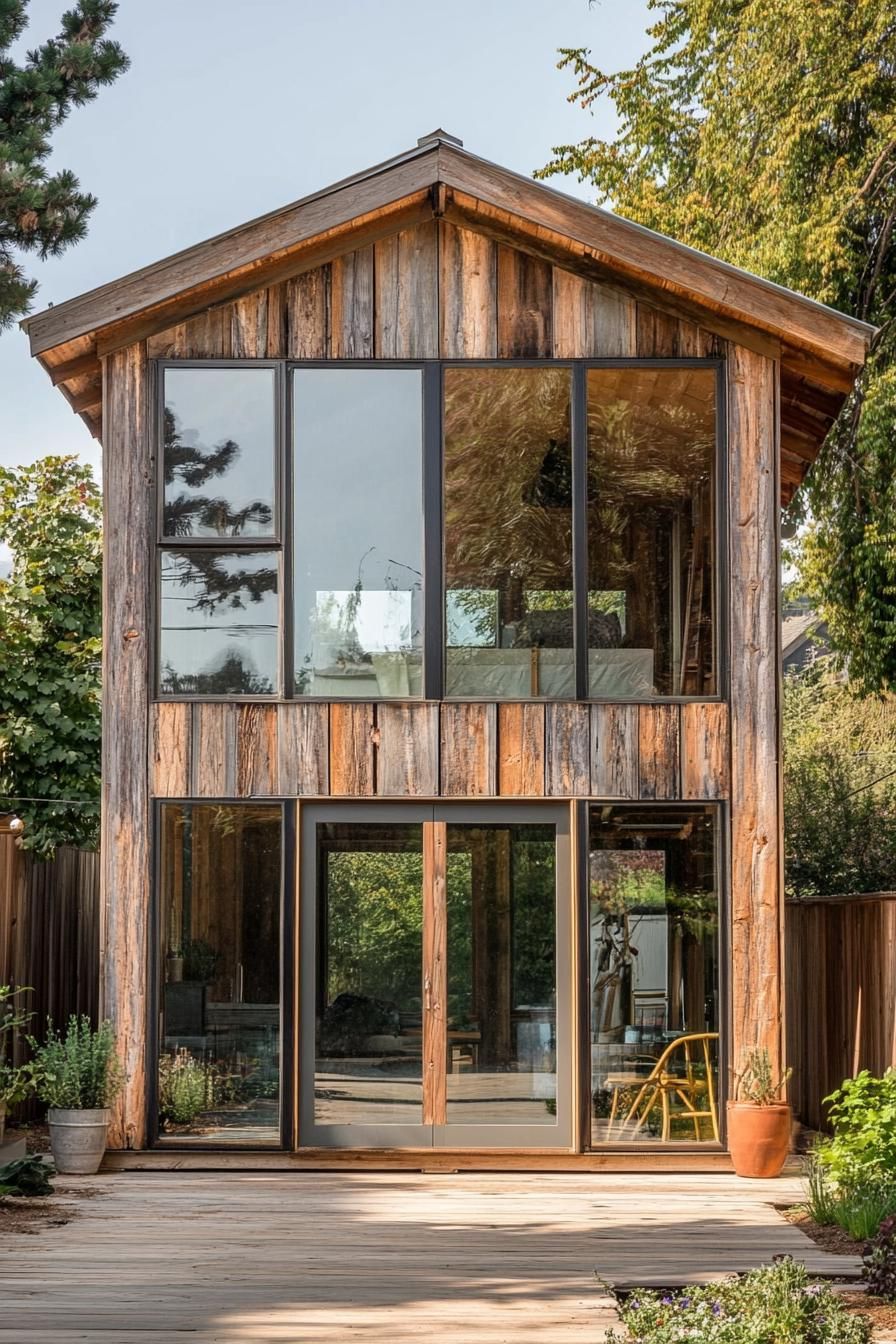 Cozy wooden shed house with large windows