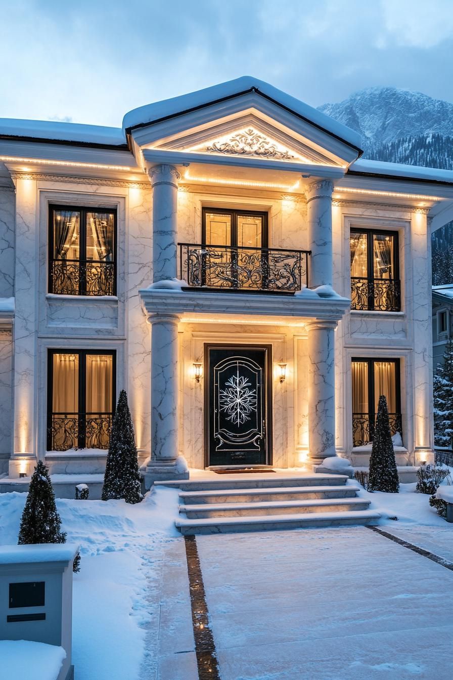 Luxury house with snowy entrance and glowing lights