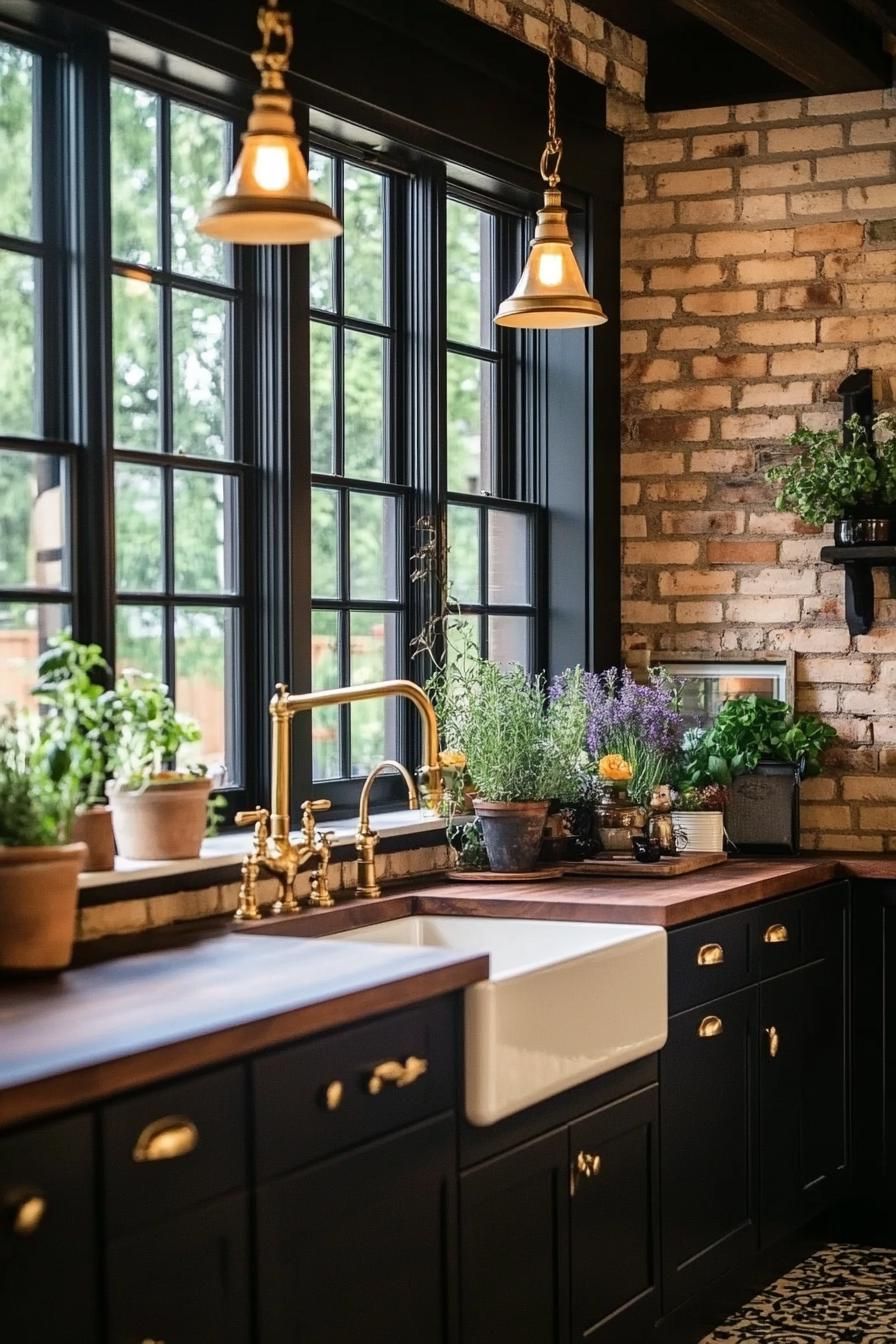 Cozy kitchen corner with plants and warm lighting