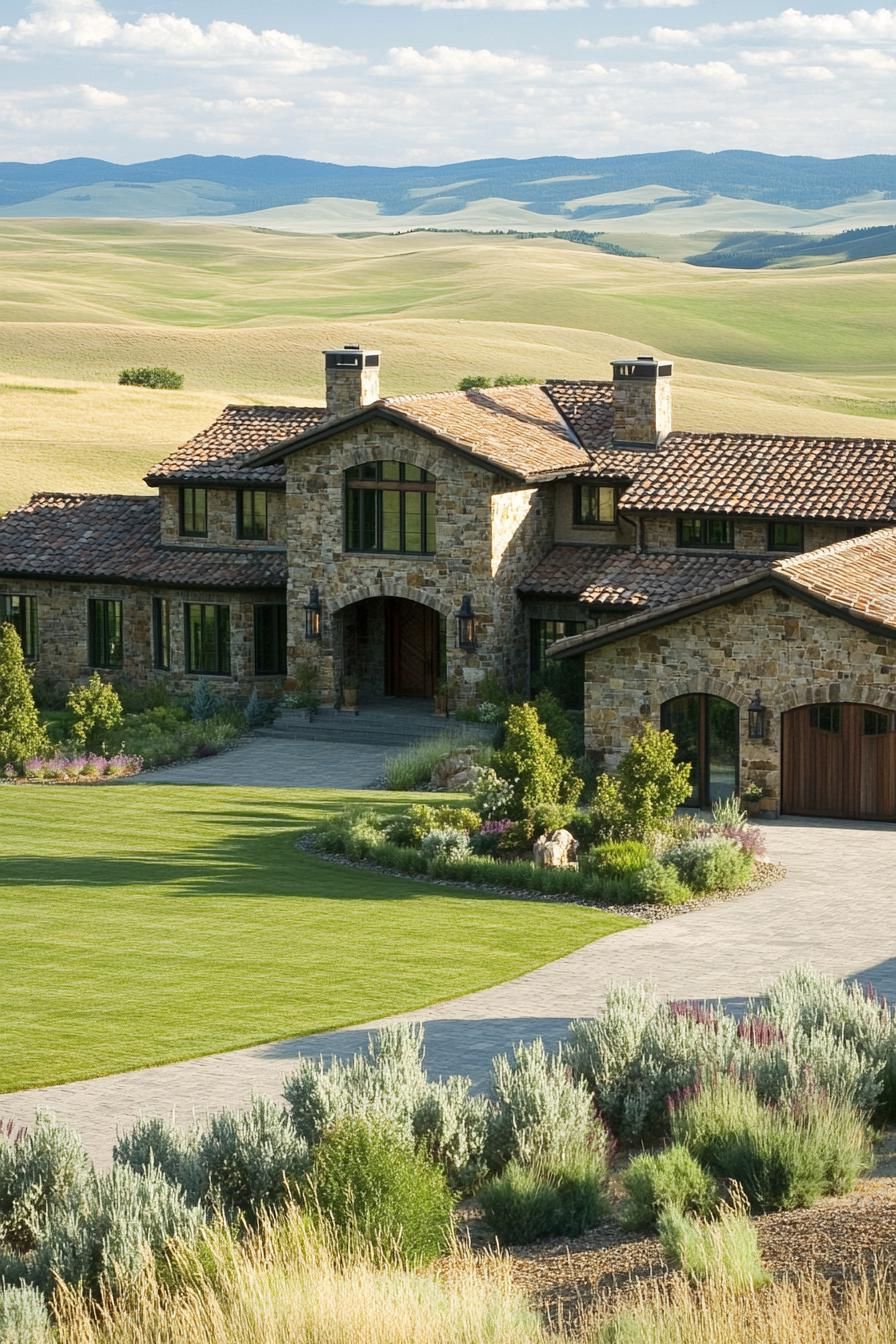 Rustic stone mansion with red-tiled roof in pastoral landscape