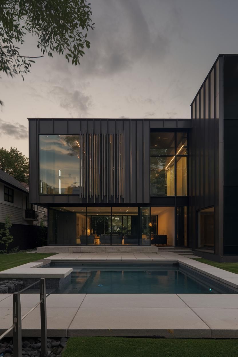 Modern house with pool at dusk