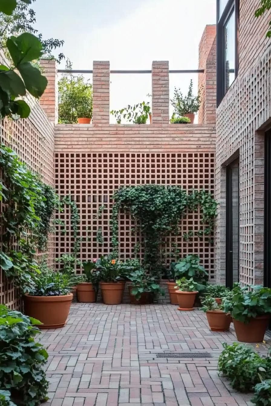 Brick courtyard adorned with climbing plants and potted greenery