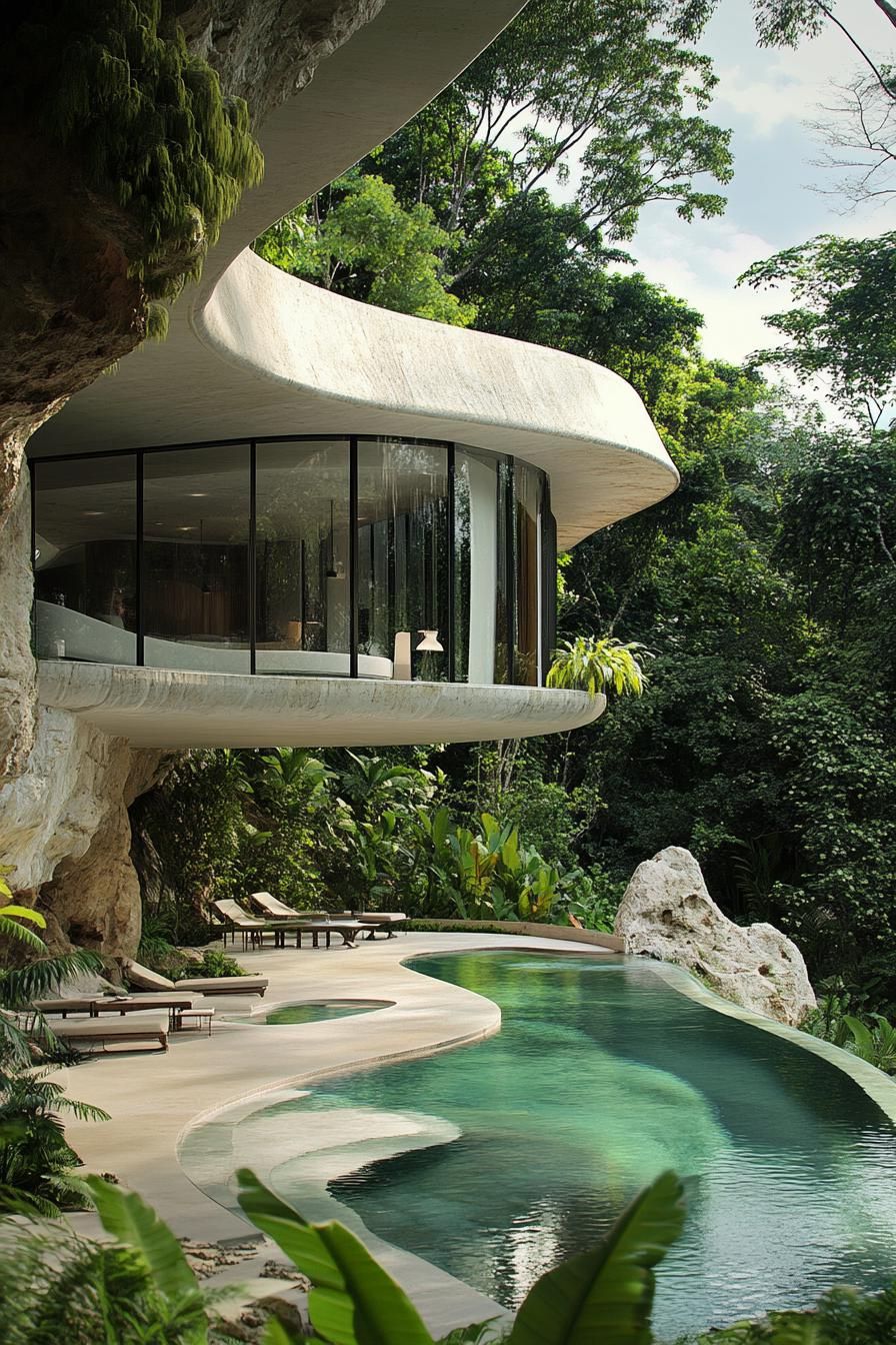 Futuristic home nestled in lush greenery with curvy architecture and pool