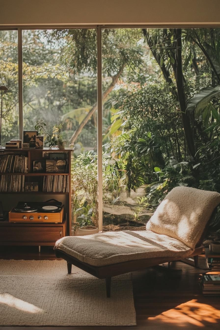 Mid-century living room with large windows and plants